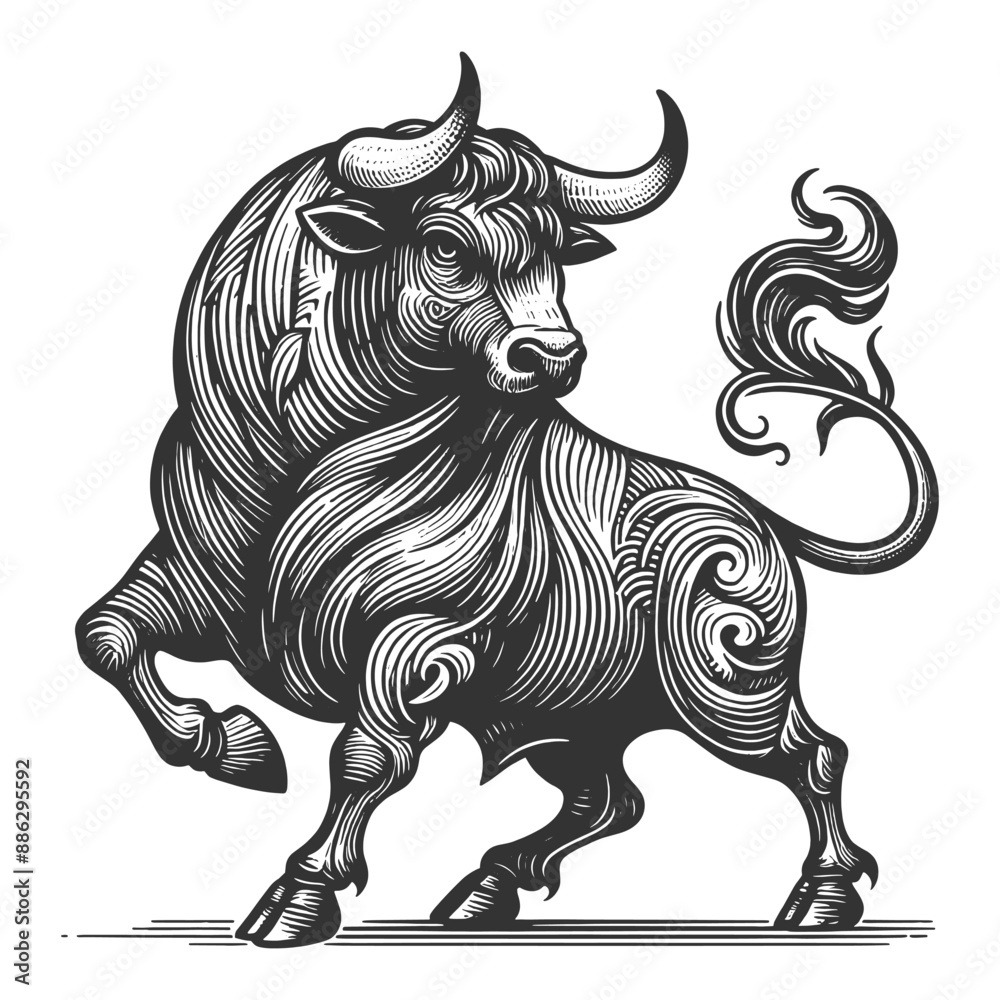 Fototapeta premium powerful bull, tattoo showcasing detailed line work and elegant curves in a vintage style sketch engraving generative ai vector illustration. Scratch board imitation. Black and white image.