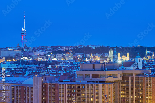 Aerial cityscape evening view of Prague, capital city of Czech Republic, view from Letna park photo