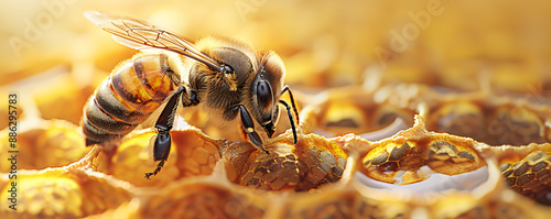 Macro photography of working bees in honeycombs beehive and collecting honey nectar. Concept of organic eco-products, extraction, agriculture and healthy with copy space.