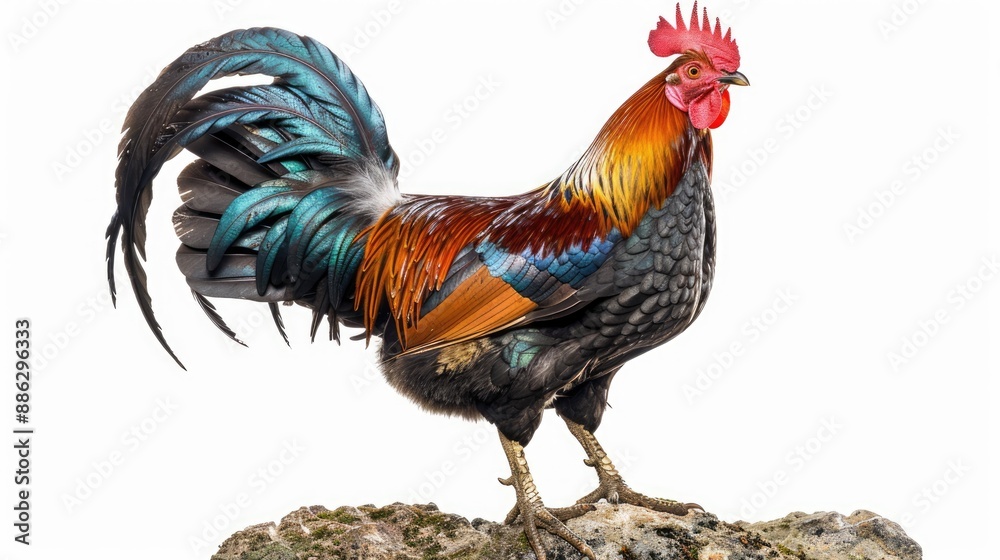Fototapeta premium A Rooster with Striking Feathers Standing on a Rock