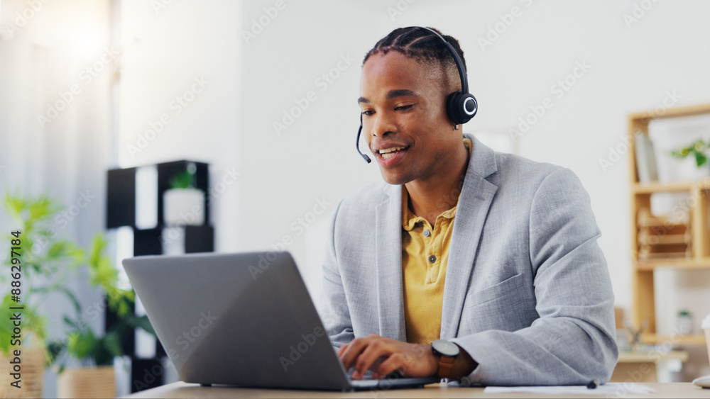 Customer support, laptop video call and black man on networking webinar, online conference or telemarketing. Communication headset, contact us office and male telecom agent consulting on sales pitch Customer support, laptop video call and black man on networking webinar, online conference or telemarketing. Communication headset, contact us office and male telecom agent consulting on sales pitch