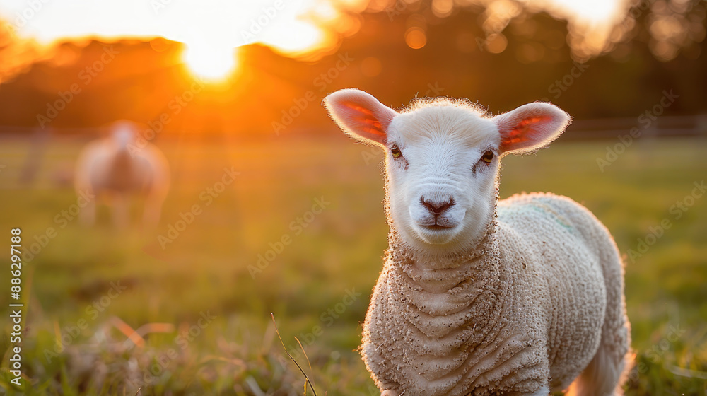 A cute lamb standing in a green field looking at the camera with a sunset in the background. A cute lamb standing in a green field looking at the camera with a sunset in the background.