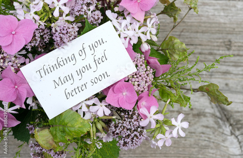 Greeting card with pink hydrangeas, soapwort, oregano and text: Thinking of you. May you feel better soon photo