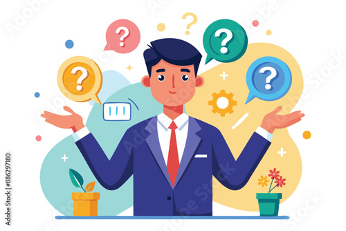 Confident Businessman Speaking Question Mark, Seeking Answers and Support for Work Problems