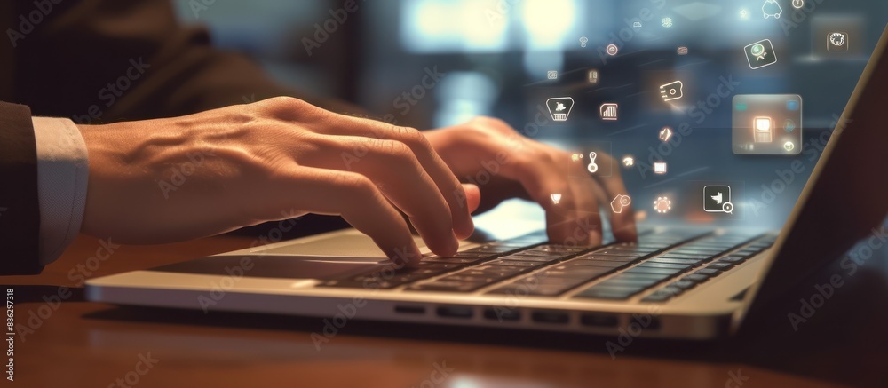Hands Typing on a Laptop with Digital Icons Floating Above Hands Typing on a Laptop with Digital Icons Floating Above