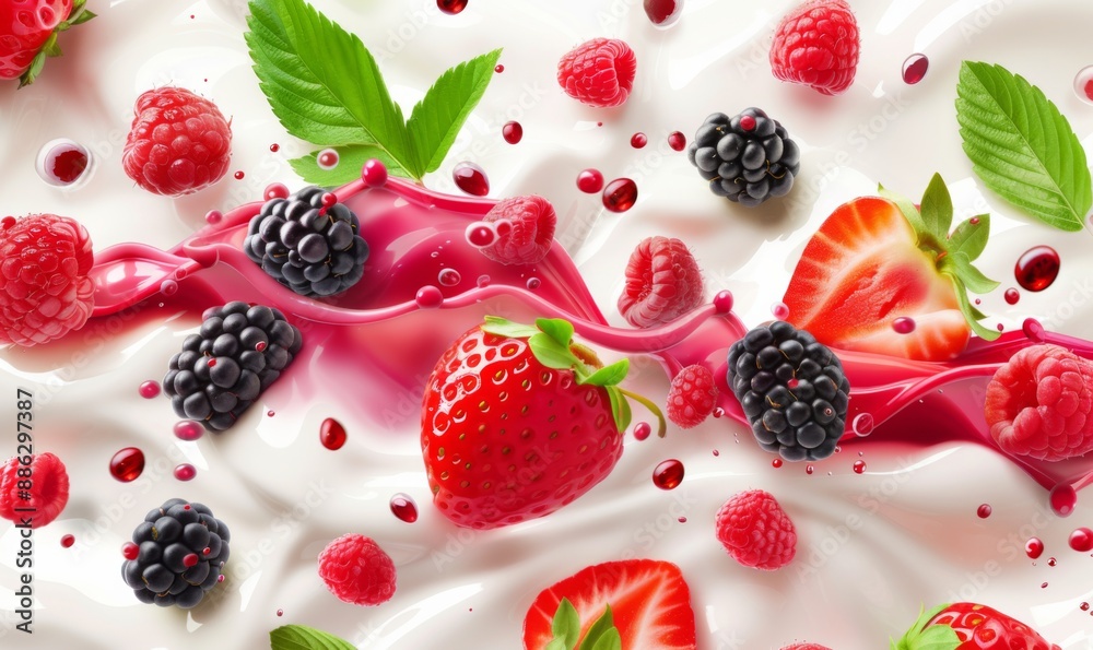 3d fresh summer cocktail, milk wave splash with forest berries. Realistic dairy drink flow with strawberry, blackberry, raspberry, green leaves and drops. Isolated on white background 3d fresh summer cocktail, milk wave splash with forest berries. Realistic dairy drink flow with strawberry, blackberry, raspberry, green leaves and drops. Isolated on white background
