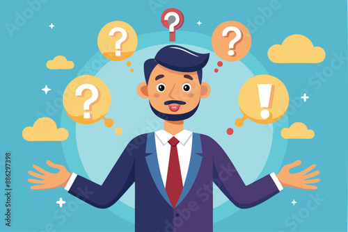 Confident Businessman Speaking Question Mark, Seeking Answers and Support for Work Problems