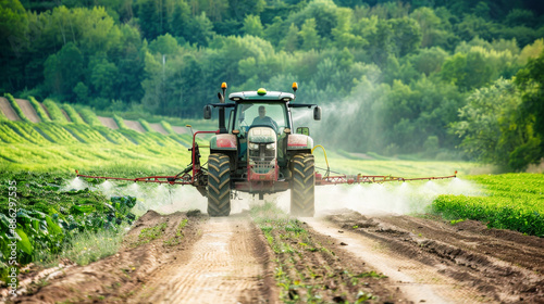 A tractor spraying water or chemicals on a vegetable field