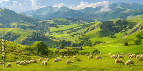 The image shows a flock of sheep grazing in a lush green valley with majestic mountains in the distance.