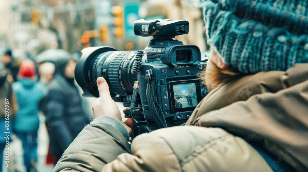 Close-up of hands operating a professional video camera Close-up of hands operating a professional video camera