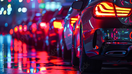 A row of cars parked on the side with their tail lights glowing © Adrian Grosu