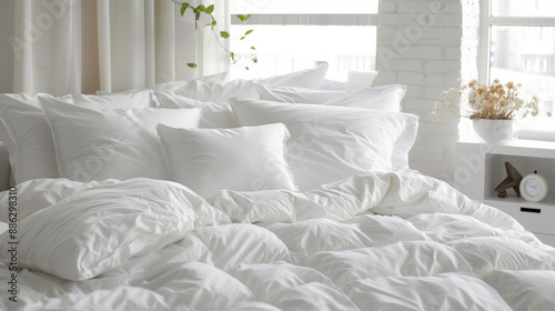 white bed and white bedding looking messy