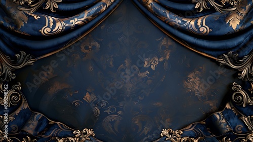 A grand royal abstract background in rich navy blue and bronze, adorned with elegant damask patterns and luxurious velvet textures photo