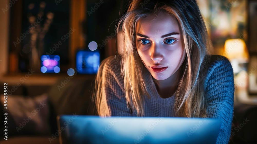 A blonde young woman in front of laptop at night A blonde young woman in front of laptop at night