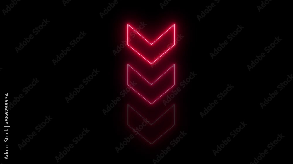 Neon pink moving arrow pointing down. Down arrow on black background. Looping arrow icon and 4k video.