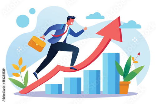 Businessman investor running up percentage graph, succeeding in economic challenges through smart investment strategies