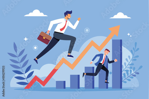 Businessman investor running up percentage graph, succeeding in economic challenges through smart investment strategies