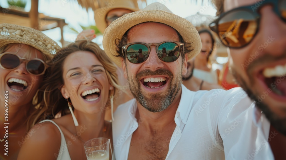 A group of friends enjoying a beach party under the sunshine, sharing laughter and happiness, dressed in beach attire, capturing the spirit of summer fun and relaxation. A group of friends enjoying a beach party under the sunshine, sharing laughter and happiness, dressed in beach attire, capturing the spirit of summer fun and relaxation.