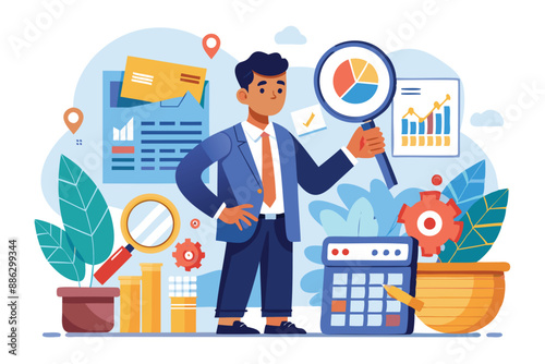 Analyzing Financial Expenses: Smart Businessman Scrutinizes Budget, Income Tax, and Invoices with Magnifying Glass