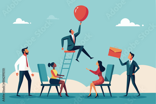 Candidates grabbing for vacancy chair floating with balloon, HR recruitment concept for job opportunity