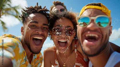 A group of happy friends taking a selfie at the beach on a sunny day, showcasing their joy, excitement, and the vibrant atmosphere, with palm trees in the background.