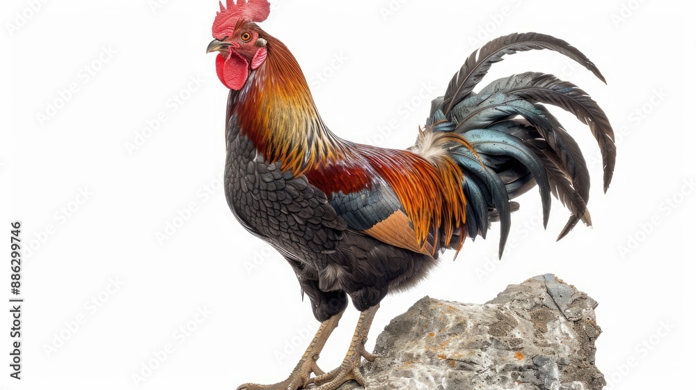 Fototapeta premium Rooster on Rock with White Background