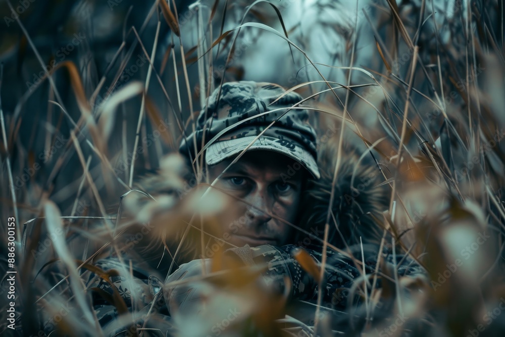 A man wearing camouflage attire is hidden amidst tall grass, patiently ...