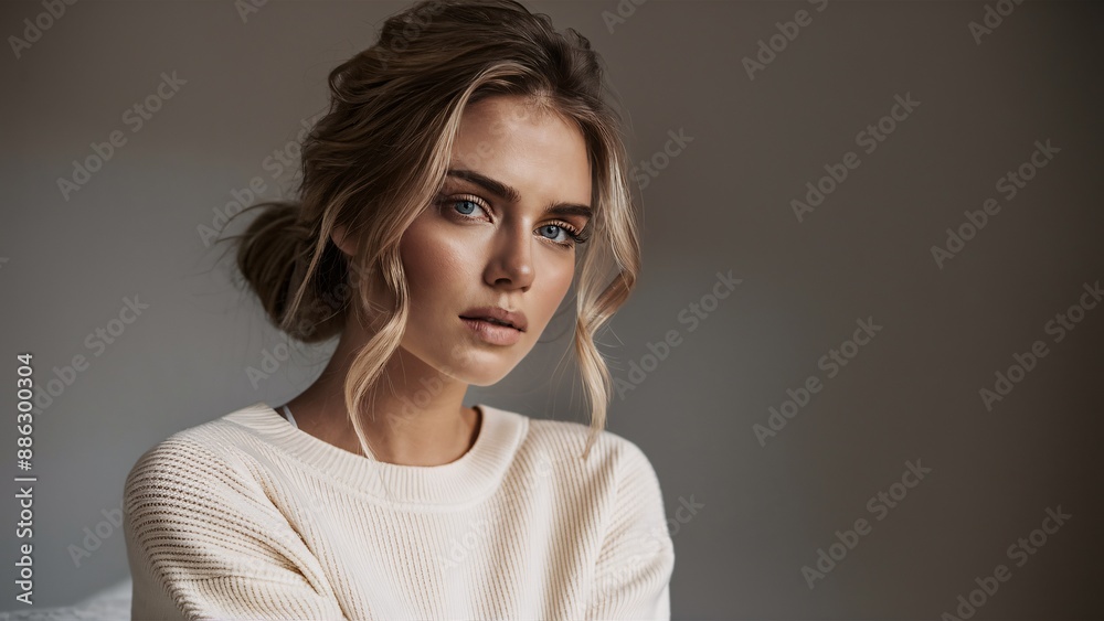 A young woman with brown hair in a bun wearing a white sweater is looking to the right of the frame.
A young woman with brown hair in a bun wearing a white sweater is looking to the right of the frame.