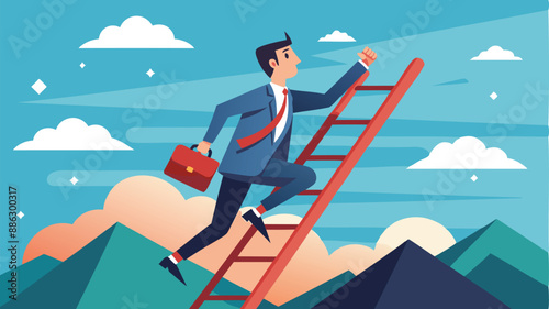 Determined Businessman Climbing Challenging Ladder to Achieve Success