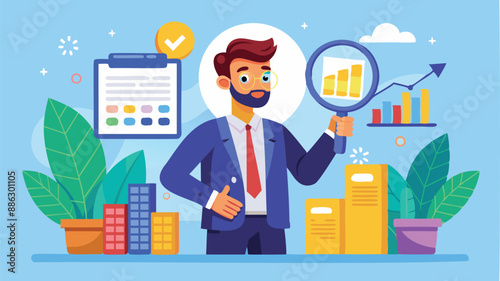 Analyzing Financial Expenses: Smart Businessman Scrutinizes Budget, Income Tax, and Invoices with Magnifying Glass