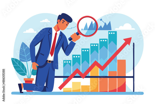 Businessman Analyzing Stock Market Crash Graph with Magnifying Glass