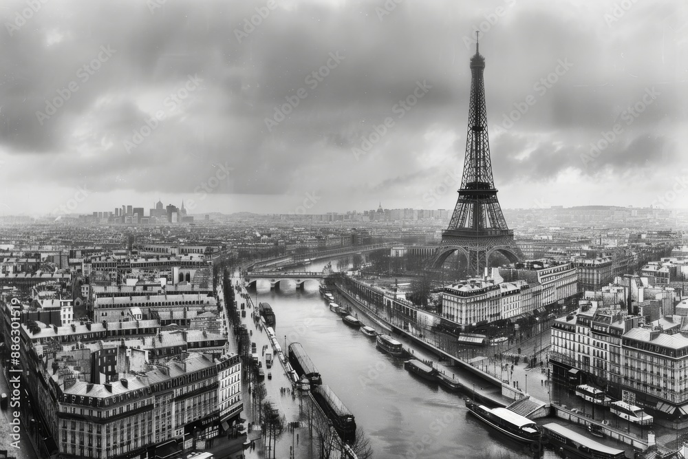 Obraz premium Panoramic Black and White Photograph of Paris in the Early 20th Century Featuring the Eiffel Tower and Seine River
