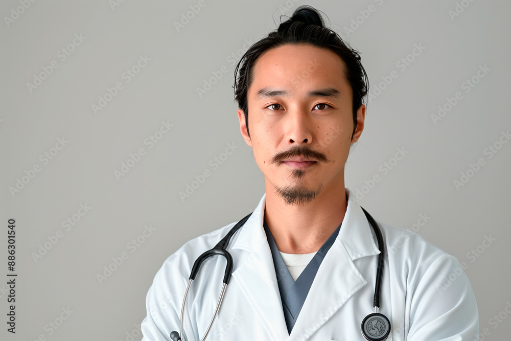 an asian doctor, front face portrait, 24 year old man, mustache, kind, dignified, temperament , with bun hair an asian doctor, front face portrait, 24 year old man, mustache, kind, dignified, temperament , with bun hair