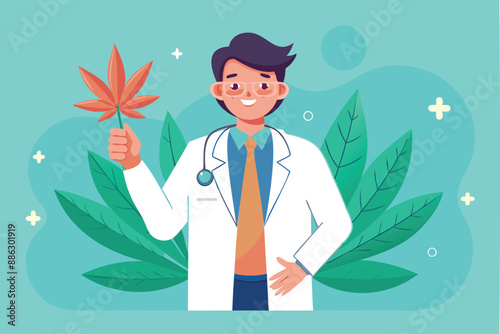 Doctor Holding Cannabis Leaf, Promoting Medical Marijuana as Alternative Treatment in Cannabis Care Program