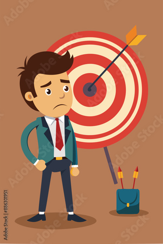 Archery Failure: Disappointed Businessman Misses Target, Losing Opportunities and Facing Despair
