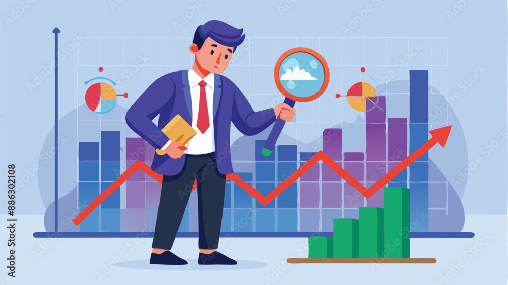Businessman Analyzing Stock Market Crash Graph with Magnifying Glass Businessman Analyzing Stock Market Crash Graph with Magnifying Glass