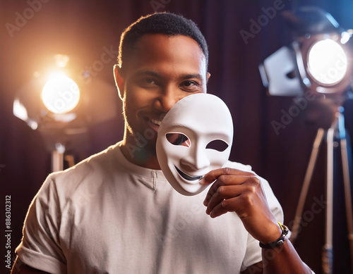 Actor and performance, featuring symbols like a theater mask, a stage, and a spotlight symbolizing drama, entertainment, and talent. Perfect for topics related to acting, theater, and film. photo