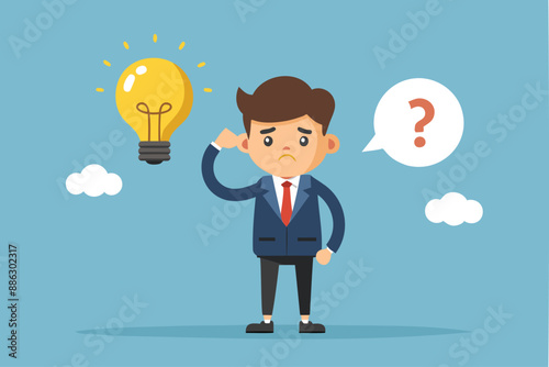 Bad Idea Leads to Failure: Confused Businessman Doubts Evil Lightbulb, Symbolizing Rejected and Negative Opinions