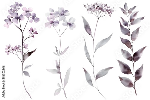 Delicate watercolor botanical illustrations of various floral arrangements with soft pastel hues.