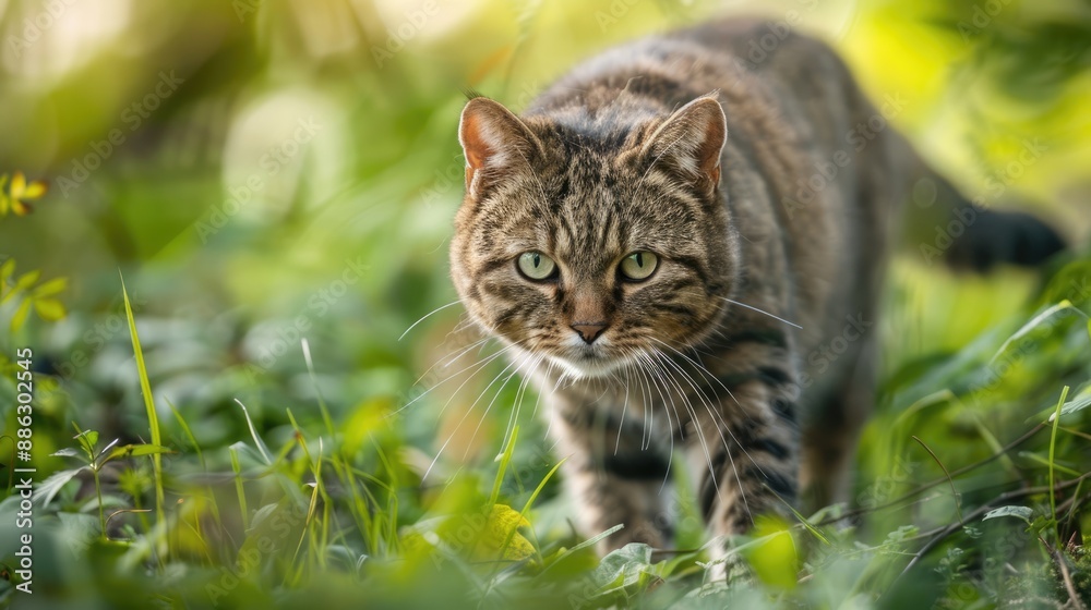 Tabby Cat Stalking Through Lush Green Grass Tabby Cat Stalking Through Lush Green Grass