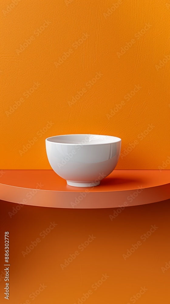 A white bowl sits on a shelf in front of an orange wall A white bowl sits on a shelf in front of an orange wall