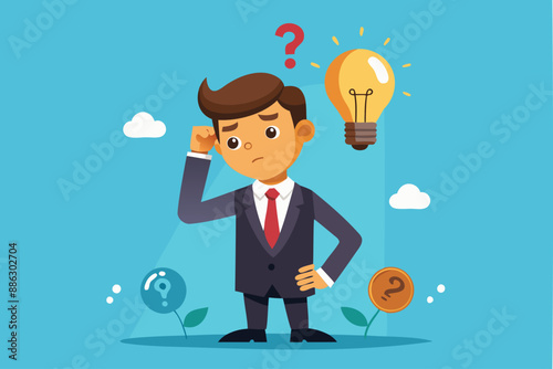 Bad Idea Leads to Failure: Confused Businessman Doubts Evil Lightbulb, Symbolizing Rejected and Negative Opinions
