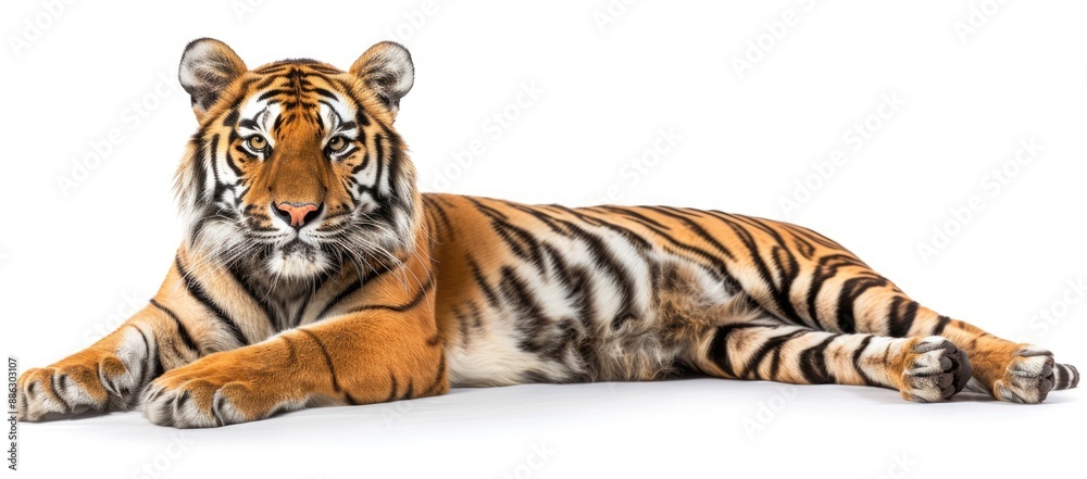 Fototapeta premium Striped Tiger Lying Down on White Background