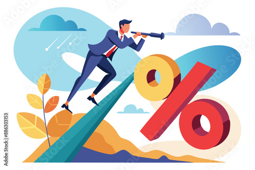 Businessman Climbing Percentage Sign with Telescope, Searching for Investment Profit or Banking Loan Payment