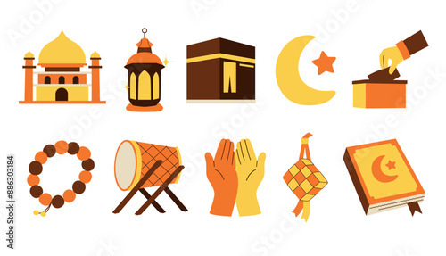 Islam flat icon set, cartoon ramadan elements vector illustration, eid mubarak icon collection