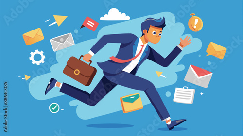 Businessman running away from annoying pop-up notifications and online message sounds, escaping marketing and advertising disturbances