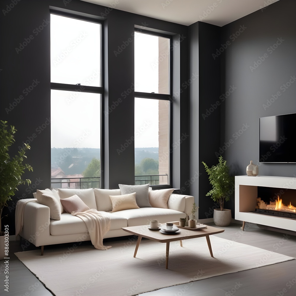 Modern minimalist living room interior with soft pastel black walls, white sofa with cream-colored throw pillows and a large window overlooking a small village skyline