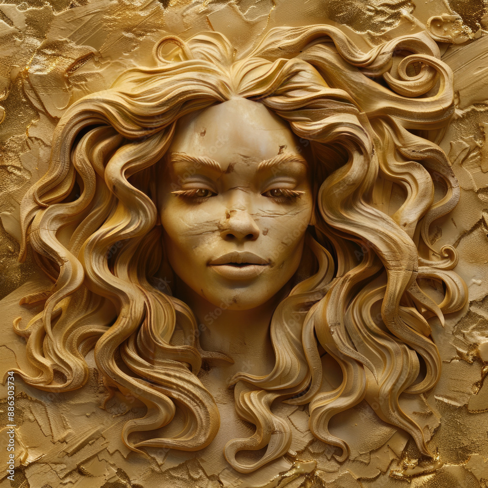 3D bas-relief of a beautiful girl close-up in gold tones. A resource for creativity, interior decor for exhibition halls, print for clothing, printing in catalogs. 3D bas-relief of a beautiful girl close-up in gold tones. A resource for creativity, interior decor for exhibition halls, print for clothing, printing in catalogs.