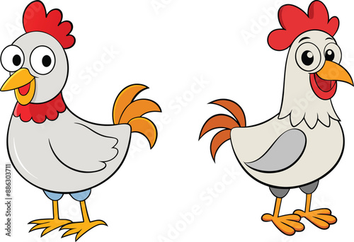 Set of funny cartoon red and orange chicken, hen in various poses, vector illustration