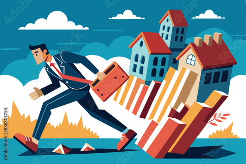 Businessman Running from Collapsing Housing Domino, Depicting Real Estate Market Crash